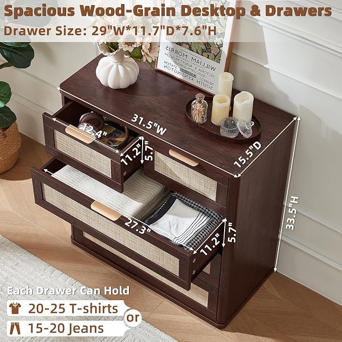 LEYAOYAO Dresser for Bedroom Set of 2, 33.5" Tall Chest of Drawers, Modern 5 Drawers Boho Rattan Dressers with Storage, Dresser Wooden Closet Organizer for Living Room, Hallway