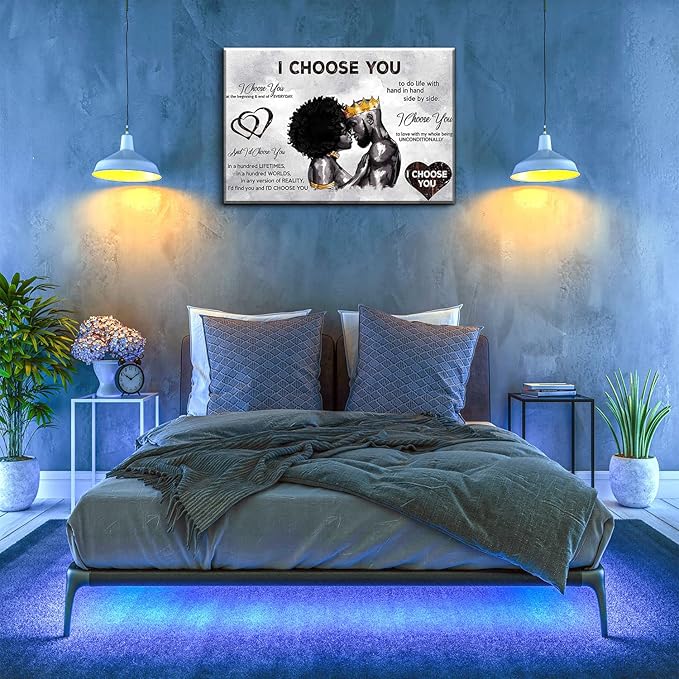 Framed African American Canvas Prints Black Couple I Choose You Poster Black King and Queen Wall Art Afro Black Romantic Couple Wall Art for Bedroom Living Room Decor(Black couple, 16in×12in)