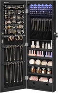 SONGMICS Hanging Jewelry Cabinet, Wall-Mounted Cabinet with LED Interior Lights, Door-Mounted Jewelry Organizer, Full-Length Mirror, Gift Idea, Ink Black UJJC099B01