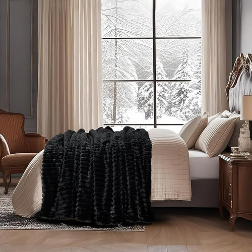 Amélie Home Faux Fur Throw Blanket for Couch, Cozy Fuzzy Fluffy Fur Luxurious Soft Striped Plush Gift Blankets for Family Sofa Chair Bedroom, 55"x70", Black