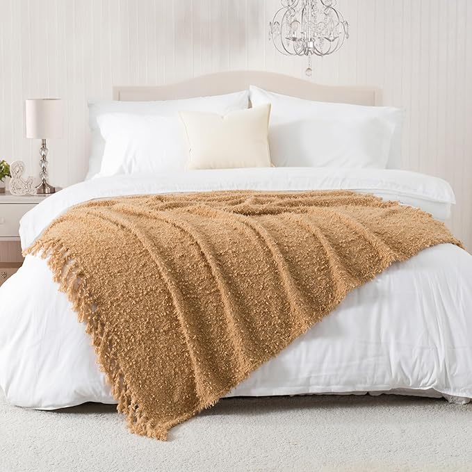 Winter Knit Throw Blanket Fluffy Fuzzy Soft Lightweight Cozy Farmhouse Tassels Chunky Knitted Throws for Couch Sofa Bed (Camel, 50"x60")