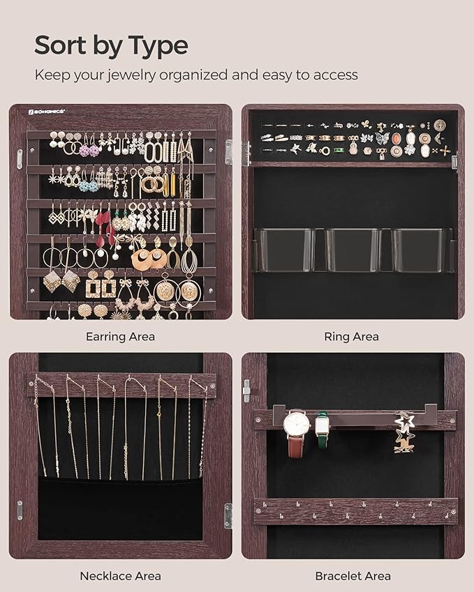 SONGMICS Jewelry Cabinet Armoire, Lockable Wall-Mounted Organizer Unit with 2 Plastic Cosmetic Storage Trays, Full-Length Frameless Mirror, Brown UJJC001K01