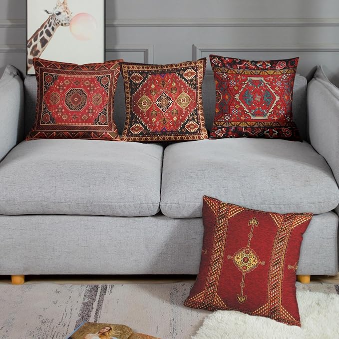 Britimes Throw Pillow Covers Geometric Kilim Moroccan Home Decor Set of 4 Oriental Ikat Pillow Cases Living Room Decorative 18 x 18 Inches Cushion Couch Sofa Pillowcases Colorful Red Tribal