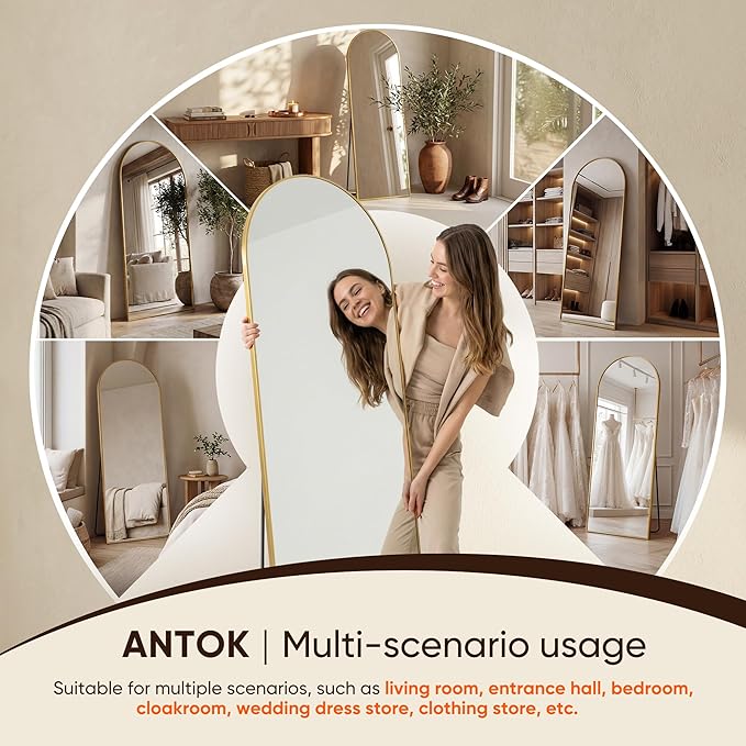 Antok 86" x46” Arched Full Length Floor Mirror, Gold Aluminum Frame, Free Standing/Wall Mount/Leaning for Bedroom, Living Room, Dressing Room