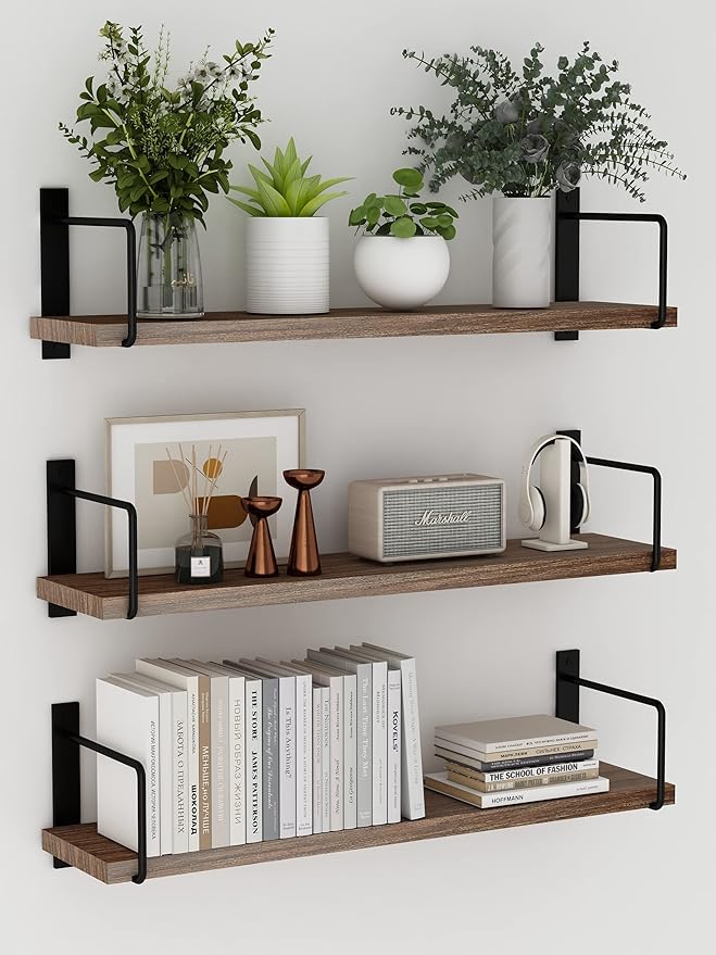Floating Shelves - 24 Inch Wall Mounted Set of 3 Rustic Wood Shelves for Wall Decor and Living Room Storage (Brown)