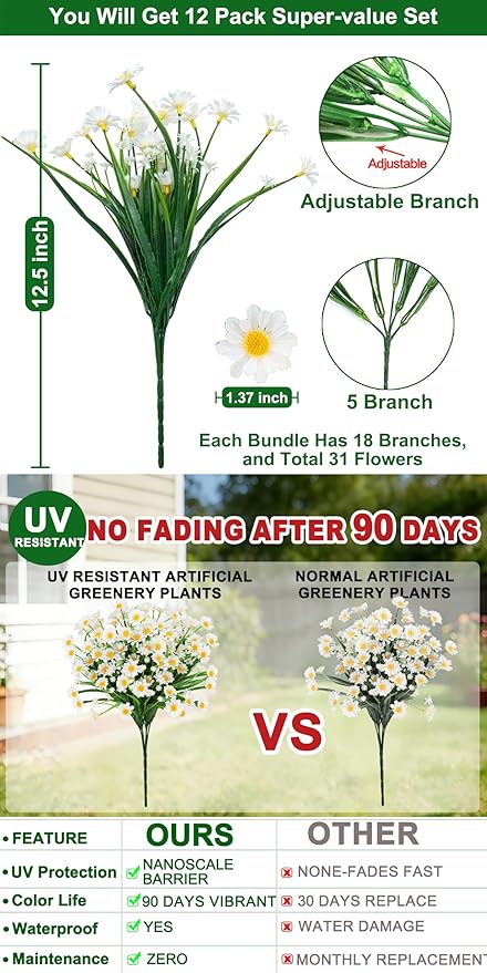 12 Bundles Artificial Daisy Flowers for Outdoors Summer Decor, UV Resistant Fake Flowers Faux Plastic Greenery Shrub Plants for Outside Home Gardens Porch Planter Indoor Spring Cemetery Décor(White)