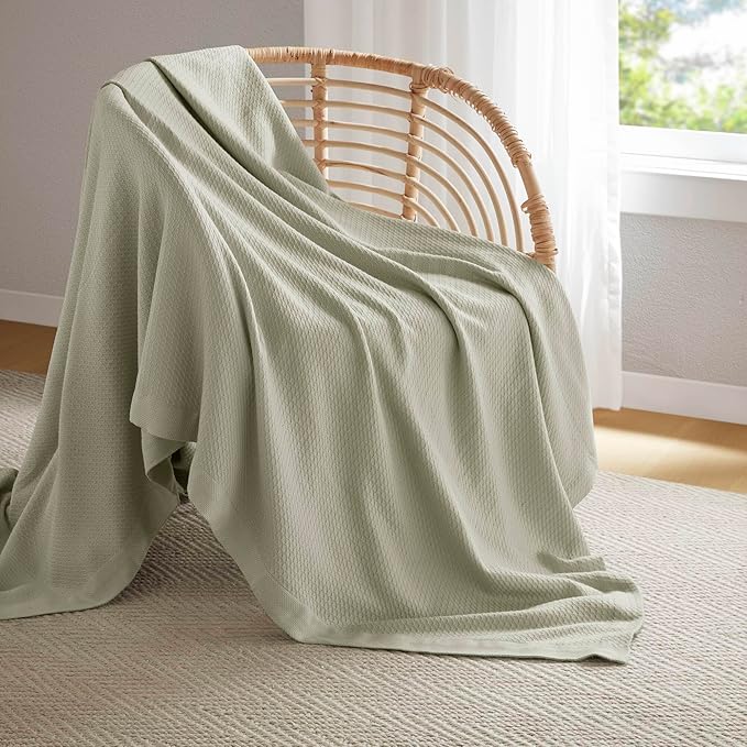 Madison Park 100% Egyptian Cotton Lightweight Summer Blanket, Breathable Waffle Knit Design, Soft Cozy All-Season Throw for Bed, Couch or Sofa, Sage Green Twin Size (66"x90")