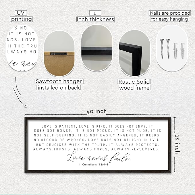 Love is Patient Wall Art Decor 40"×15" Love is Kind Bible Verse Sign 1 Corinthians 13 4-8 Scripture Quote Master Bedroom Above Bed Christian Couple Large Wood Framed Hanging (Black)