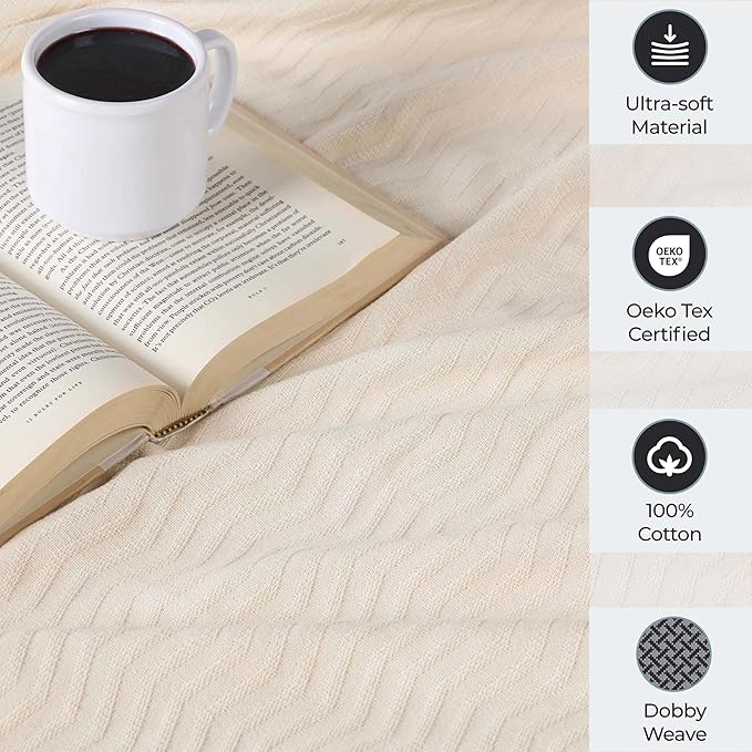 Superior JENA Cotton Blanket, for Picnic, Beach, Traveling or Camping, Bedroom Decor, Essentials, Cover for Bed, Couch, Lounging, Textured Jacquard, Modern Chevron Woven Blanket, Full/Queen, Ivory