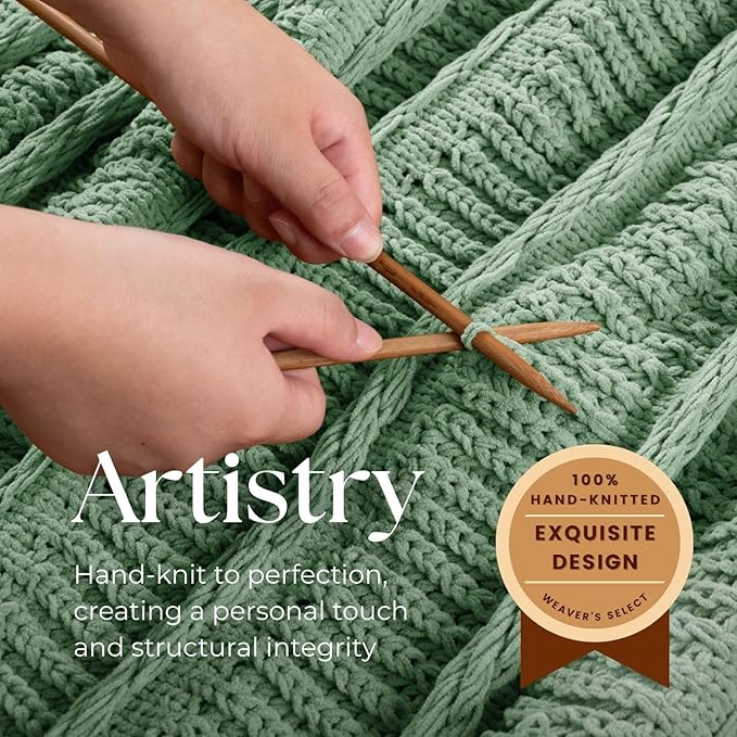Boho Knitted Chenille Blanket with Tassels - Lightweight & Soft All-Season Throw - 3D Classic Pattern for Living Room Bedroom Couch, Sage Green, Twin 60"x80"