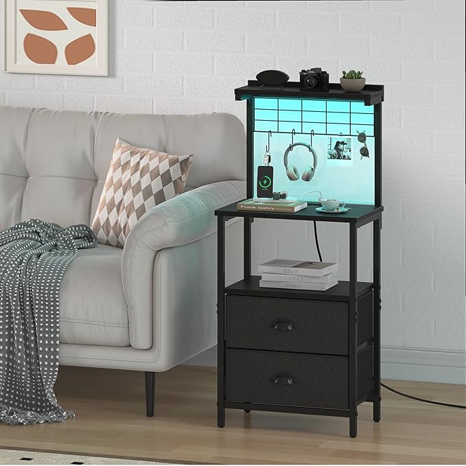 Bedside Tall Nightstands with Charging Station, LED Bedside Table for Bedroom - 3 PU Fabric Drawers, Hooks, USB/Type-C Ports & Open Bedside Storage Shelves, Black