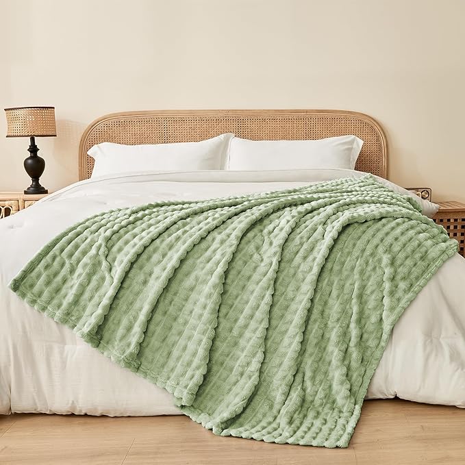 FY FIBER HOUSE Bed Blanket for Couch Soft Warm Fuzzy Queen Size Blankets for Sofa All Season Use, 90x90 Inches, Sage Green