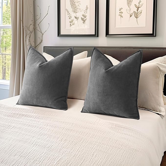 MIULEE Pack of 2 Dark Grey Decorative Pillow Covers 24x24 Inch Soft Chenille Luxurious Couch Throw Pillows Farmhouse Cushion Covers Euro Shams with Elegant Design for Sofa Bed Living Room Home Decor