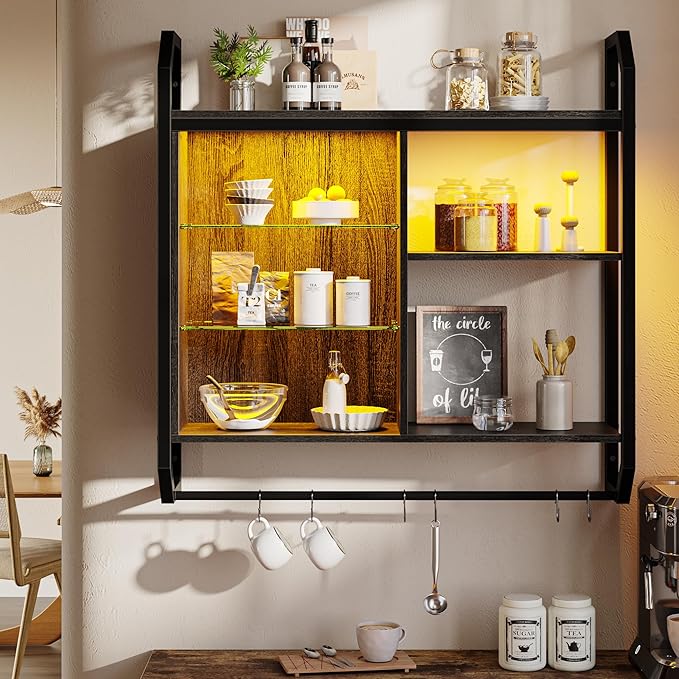 Bestier Gaming Floating Shelves, 34" LED Wall Mounted Shelf with Adjustable Glass Shelf, Pipe Shelves Hanging Display Rack Bookshelf with 6 S-Hook, Gaming Room Decor Wine Coffee Bar Black