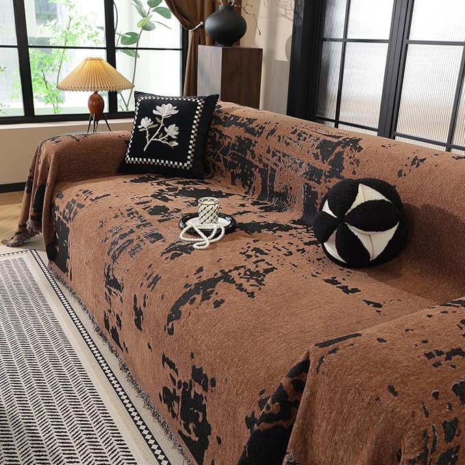 HANDONTIME Abstract Couch Cover for Dogs Brown and Black Couch Cover Blanket for 3 Cushion Sofa Modern Aesthetics Sofa Covers Washable Pet Friendly Chenille Pet Protector Furniture Covers, 71" X 134"