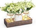 Mkono Mason Jar Lights Centerpiece Table Decorations for Dining Room Farmhouse Coffee Table Decor, Wood Tray with 3 Jars Flowers for St. Patrick's Day, Easter, Spring Home Decor