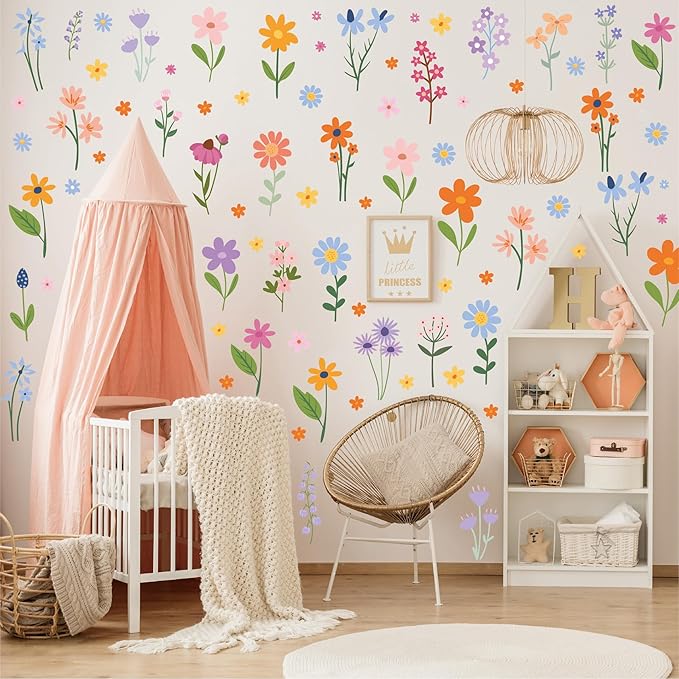 Flower Wall Decals - 8 Sheets 102 Pcs Spring Themed Wildflower Wall Stickers Peel and Stick Fairy Floral Wall Decor for Girls Bedroom Living Room Nursery Home
