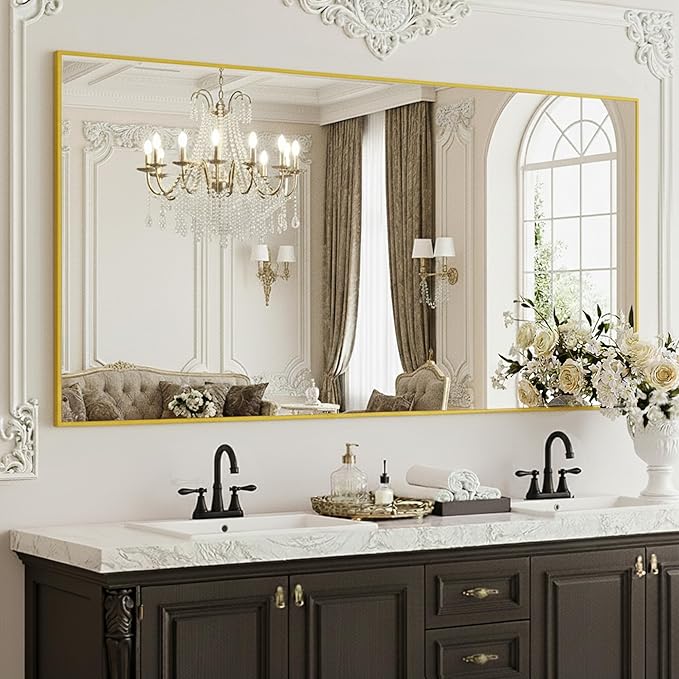 FICTOR Bathroom Vanity Mirror-Gold,60x36 Inch, Shatterproof & Anti-Rust, Wall Mount Large Rectangle Mirrors with Metal Frame for Over Sink, Bathroom, Bedroom, Living Room,Entryway