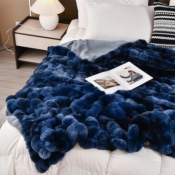H&D Faux Fur Throw Blanket for Couch,Fluffy Cozy Soft Plush Luxury Thick Fuzzy Fleece Blanket for Couch Bed Sofa Bedroom Living Room,Comfy Bubble Blanket
