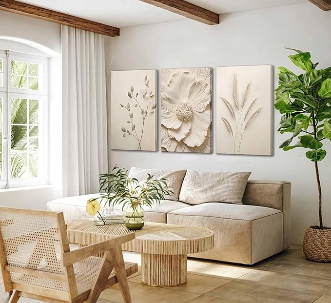 3Pcs Neutral Beige Floral Plant Canvas Wall art Textured Flower Botanical Painting Picture Wall Decor Vintage Blossom Poster Prints for Living Room Bedroom Bathroom Decoration