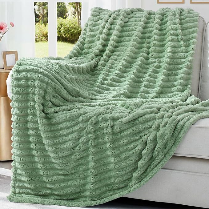 decorUhome Soft Fleece Sage Green Blanket Queen Size for Bed, Cozy Fluffy Plush Flannel Large Striped Throws for Couch Sofa, Lightweight Decorative Fuzzy Blanket for Woman, 90x90 Inches