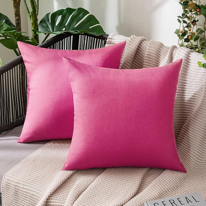 MIULEE Pack of 2 Decorative Outdoor Solid Waterproof Throw Pillow Covers Faux Linen Garden Farmhouse Cushion Cases for Patio Tent Balcony Couch Sofa 18x18 Inch Hot Pink