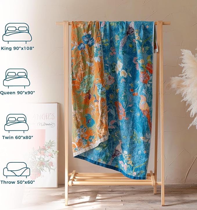Boho Throw Blanket for Bed Cotton Spring Blankets for Bedroom Living Room Twin All Season Lightweight Floral Birds Embroidery Quilt for Couch Sofa Chair 60"x80"
