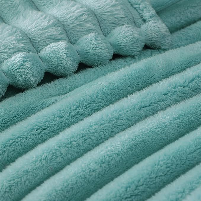 Exclusivo Mezcla Queen Size Flannel Fleece Blanket, Super Soft Striped Jacquard Bed Blanket, Lightweight Fuzzy Cozy for All Seasons, 90x90 Inches, Celadon