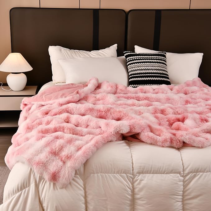 H&D Faux Fur Throw Blanket for Couch,Fluffy Cozy Soft Plush Luxury Thick Fuzzy Fleece Blanket for Couch Bed Sofa Bedroom Living Room,Comfy Bubble Blanket