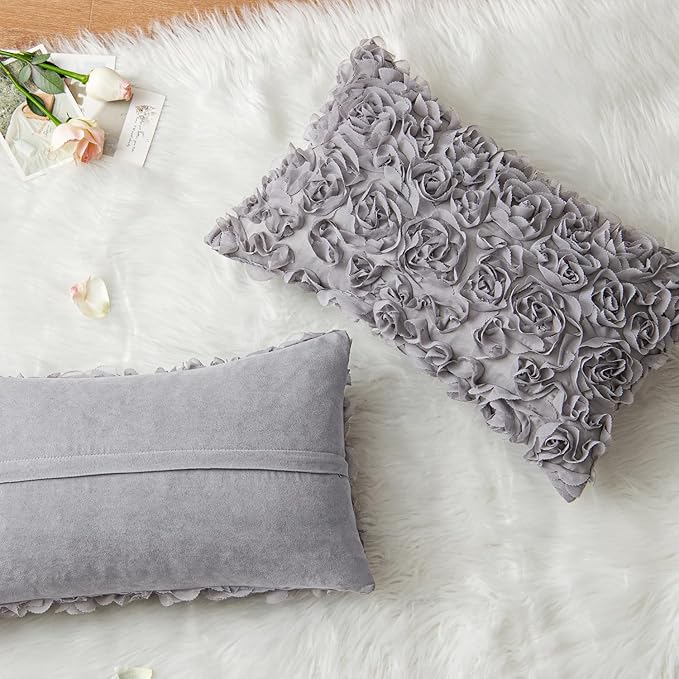 MIULEE 3D Rose Flower Pillow Cover Decorative Spring Floral Romantic Stereo Chiffon Aesthetic Solid Pillowcase for Girl Bedroom Living Room Decor 12x20 Inch Grey