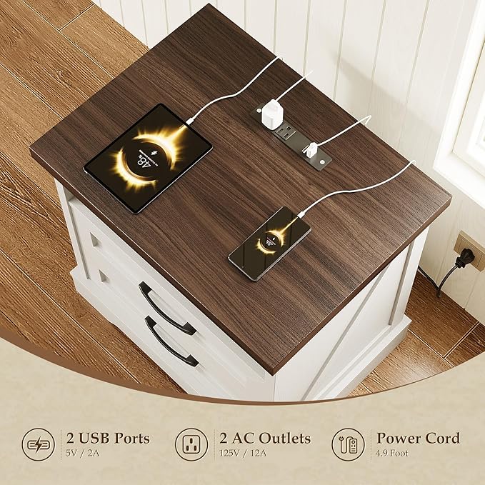 AODK 24 Inch Farmhouse Nightstand with Charging Station, Wood Bedside Table with 2 Drawers and Open Shelf, Rustic End Table with Outlet and USB, White & Dark Walnut