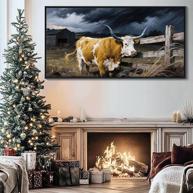 Highland Cow Wall Art - Rustic Pictures for Living Room,Framed Country Wall Decor, Vintage Artwork for Walls, Longhorn Cow wall Decor - Large Farmhouse Canvas for Bedroom 20×40IN