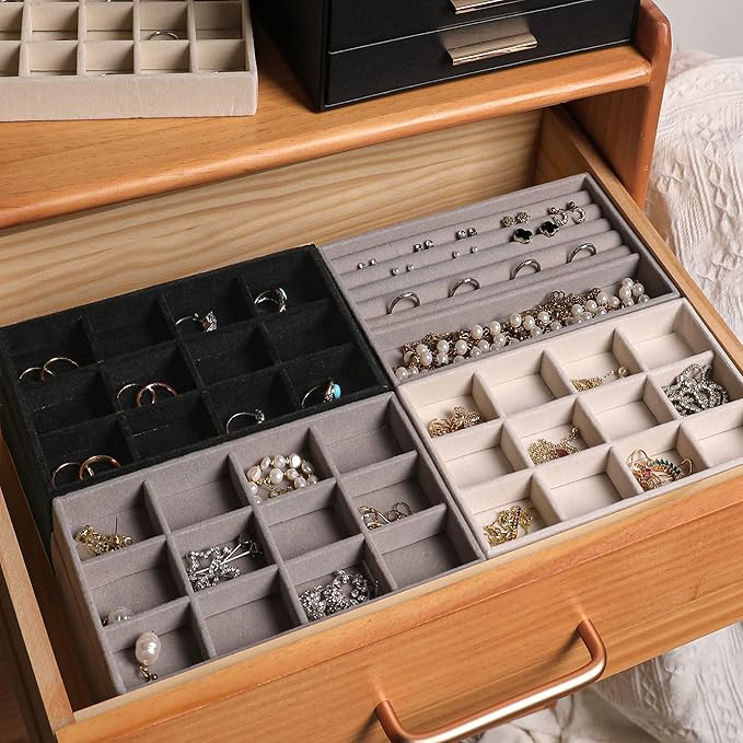 Frebeauty Jewelry Organizer Tray,Stackable Velvet Jewelry Trays,Drawer Inserts Earring Organizer For Women Jewelry Storage Display Case for Rings Stud Necklaces,8.3 x 4.9 x 1 Inches (White)