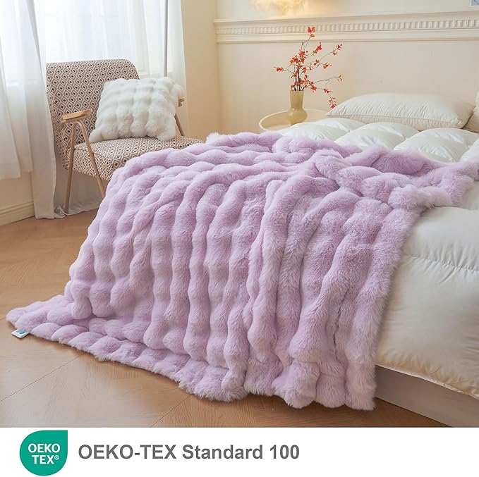 LIFEREVO Fluffy Faux Rabbit Fur Bubble Blanket, Plush Shaggy Throw for Couch Sofa, Cozy Furry Light Purple Bed Blanket Adult Kids Girls, Aesthetic Fuzzy Throw for Bedroom Living Room, 60x90, Lavender