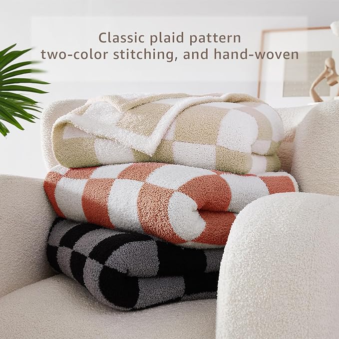 WRENSONGE Checkered Throw Blanket, Beige Soft Cozy Fluffy Warm Hand Made Throw Blankets for Couch, Sofa, Chair, Bed, Camping, Picnic, Travel Lightweight Bed Blanket - 60"*80"