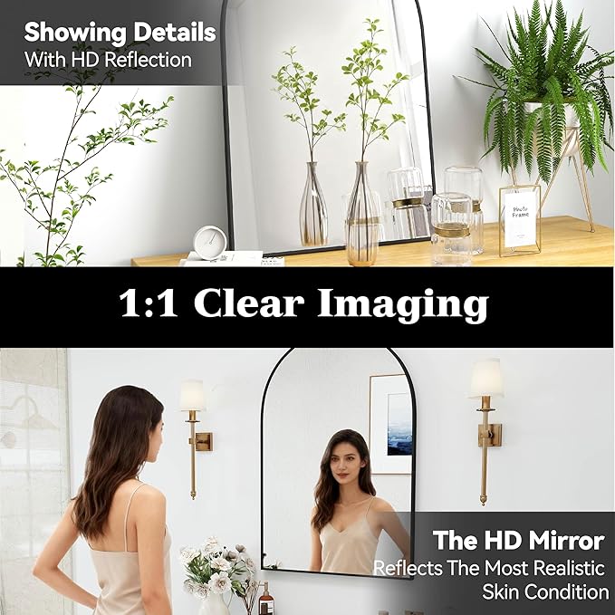 36x24 Arch Mirror Rectangle Full Length Wall Mounted Hanging or Against Wall Metal Aluminium Alloy Frame Dressing Make-up Mirrors for Entryway Bedroom Bathroom Living Room 36 24 inch Black