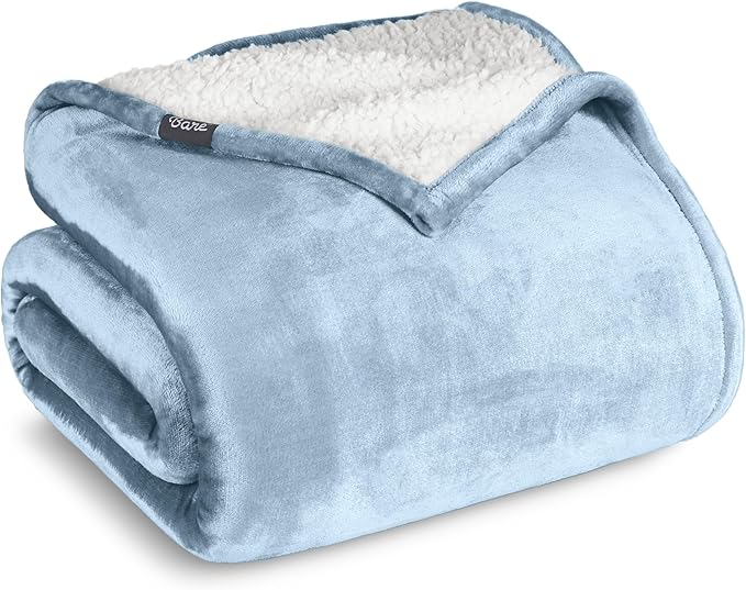 Bare Home Sherpa Fleece Blanket - Full/Queen Size - Blanket for Bed, Sofa, and Couch - Warm & Lightweight - Fluffy & Soft - Reversible (Full/Queen, Light Blue)