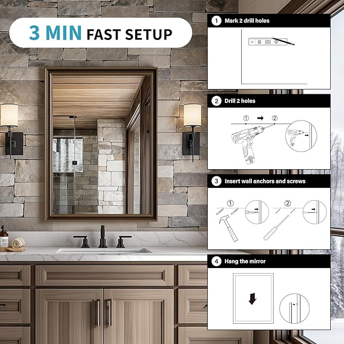 Retro Copper Effect Framed Wall Mirror, 16x20 Rectangle Mirror, Anti-desilvering Tempered Glass, Sustainable&Sturdy Frame, Anti-Rust, HD Reflection &3min Fast Setup for Bathroom Living Room