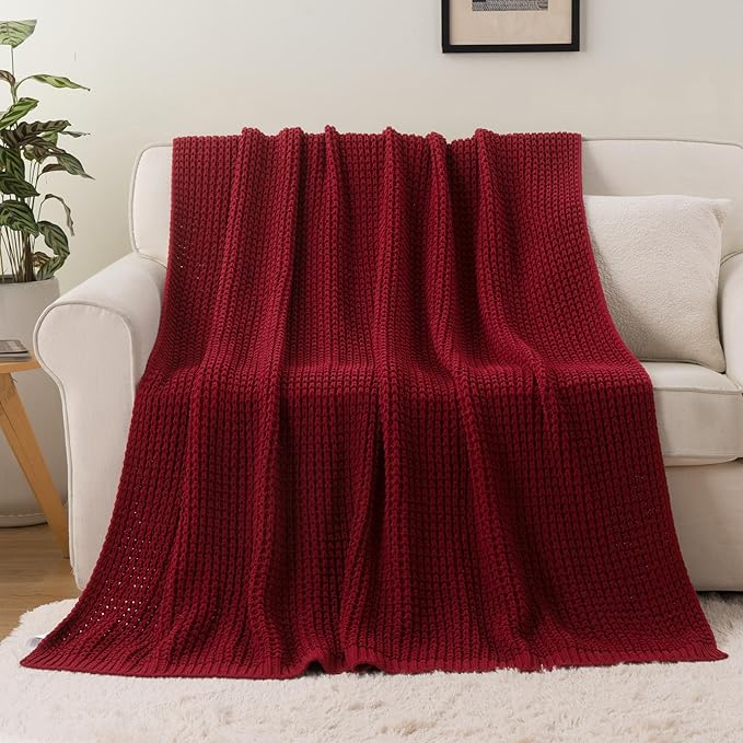 Bunnikins & Clover Christmas Throw Blanket for Couch, Knitted Waffle Throw Blanket, Red Blanket Throw for Women Mothers Birthday Gifts, 50"x60"