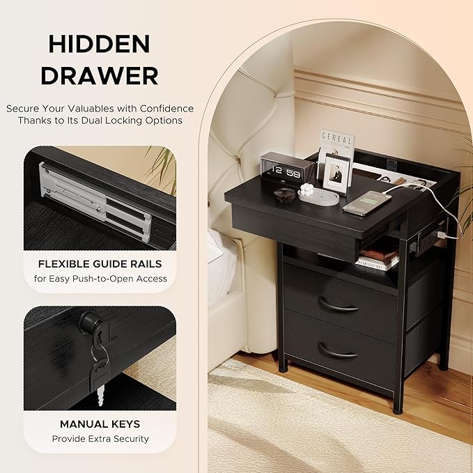 Nightstand Hidden Drawer Charging Table - Night Stand with Charger Station and Sliding Top Storage, Morden Bedside Table with 2 Fabric Drawers, for Dorm Living Room Bedroom, Black