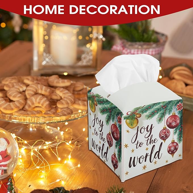 Christmas Balls Tissue Box Cover Holder, Winter Tissue Box Cover Square, Xmas Gift Ideas for Family Friends, Joy to The World Christmas Decor for Bathroom Kitchen Car Office(5.2 Inches)-B04