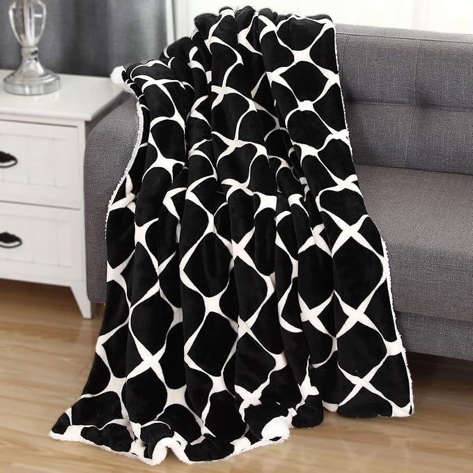 Elegant Comfort Luxury Ultra-Plush Velvet Touch Fleece Throw Soft, Warm, Cozy| Micromink Sherpa-Backing Reversible Blanket for Bed, Sofa and Couch, (50 x 60), Bloomingdale Black, Throw (50 x 60)
