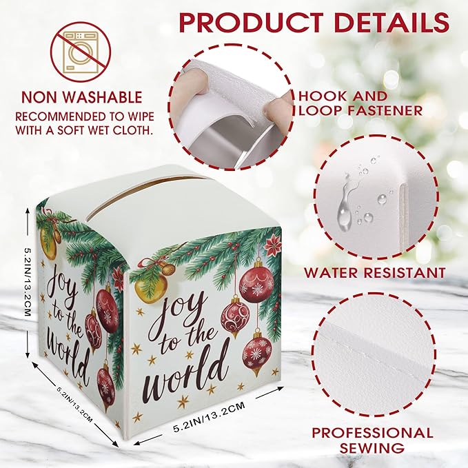 Christmas Balls Tissue Box Cover Holder, Winter Tissue Box Cover Square, Xmas Gift Ideas for Family Friends, Joy to The World Christmas Decor for Bathroom Kitchen Car Office(5.2 Inches)-B04
