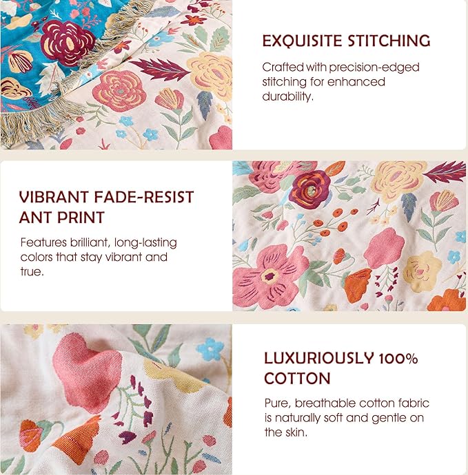 Boho Throw Blanket - 100% Cotton Soft Breathable Spring Throw Blankets, 60"x80" 4-Layer Lightweight Muslin Cotton Quilt, Floral Printed Bohemian Decor Throw Blankets for All Season
