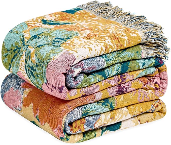 Boho Throw Blanket - 100% Cotton Throw Blankets for Bed Couch, 60"x80" Soft Muslin Lightweight Spring Throw Blanket, Cozy Oil Painting Bohemain Bedding Decor Green Throw Quilt