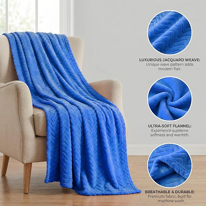 Exclusivo Mezcla Fleece Throw Blanket for Couch, Cozy Lightweight Blankets for All Season, Decorative Giftable Fuzzy Plush Wave Textured Throws for Women, Men, Cobalt Blue, 50x70 Inches
