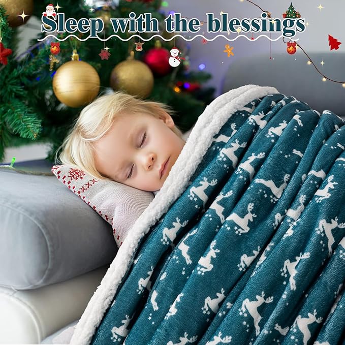 LBRO2M Sherpa Fleece Bed Blanket Twin Size,Christmas Super Soft Fuzzy Plush Warm Cozy Fluffy Microfiber Couch Throw Velvet Double Reversible Luxurious Blankets Green White Deer