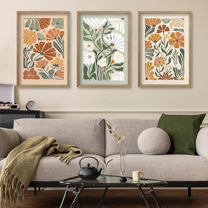 Wildflower Floral Green Botanical Wall Art Print 16"x24" Set of 3 flower Illustrations Minimalist Modern Boho Sign Wood Framed for Living Room Bedroom Office Abstract Wall Hang Decor (Wood)