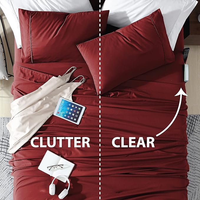 Swift Home Smart Sheets, Ultra Soft Brushed Microfiber 3-Piece Sheet Set, Fitted Bed Sheet with Side Storage Pockets – Burgundy, Twin