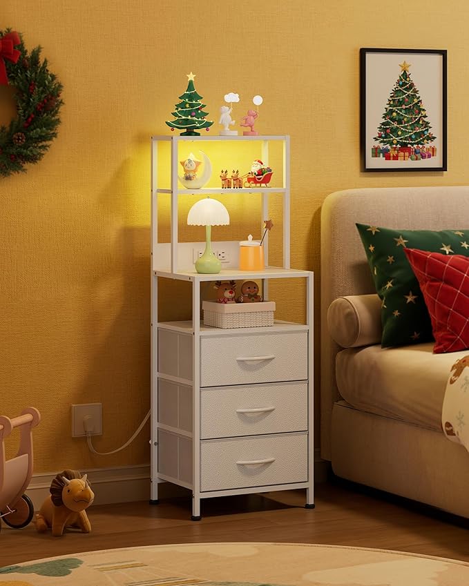WLIVE Tall White Nightstand with Charging Station, LED Night Stand with 3 Fabric Drawers and Storage Open Shelves, Bedroom Nightstand Table, Bed Side Table for Living Room
